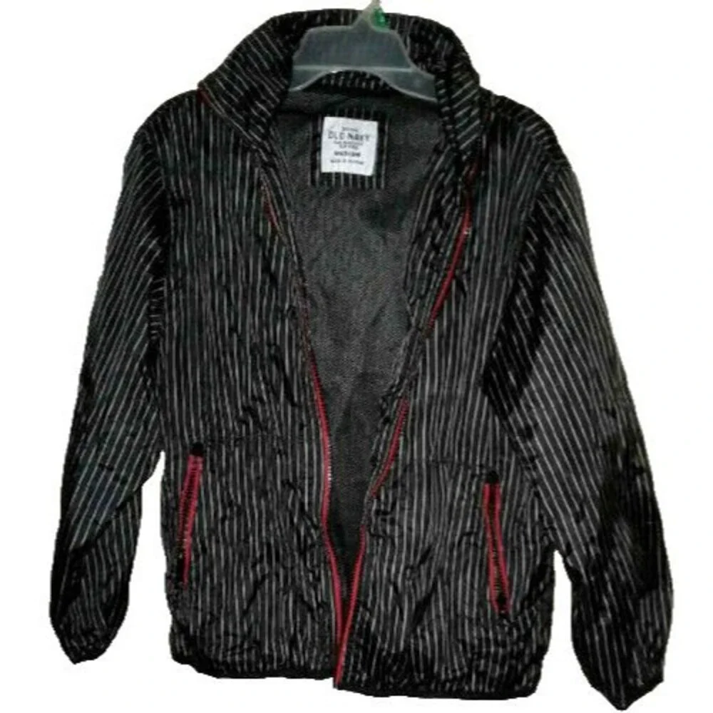 Old Navy Black Red Gray Striped Thin Lightweight Zipper Hoodie Jacket Boy Size M